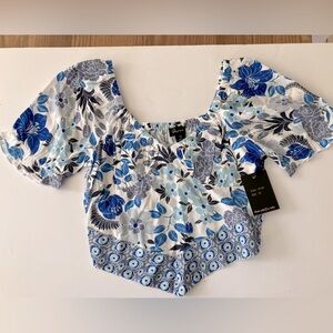 Japna Women’s Short Sleeve Crop Top, Size M, Blue/White/Gray, Floral, NWT